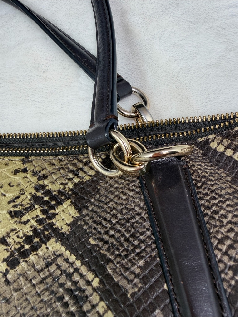 Coach Snake Print Satchel Handbag Brown Tan Leather Trim Gold Hardware - Picture 13 of 15